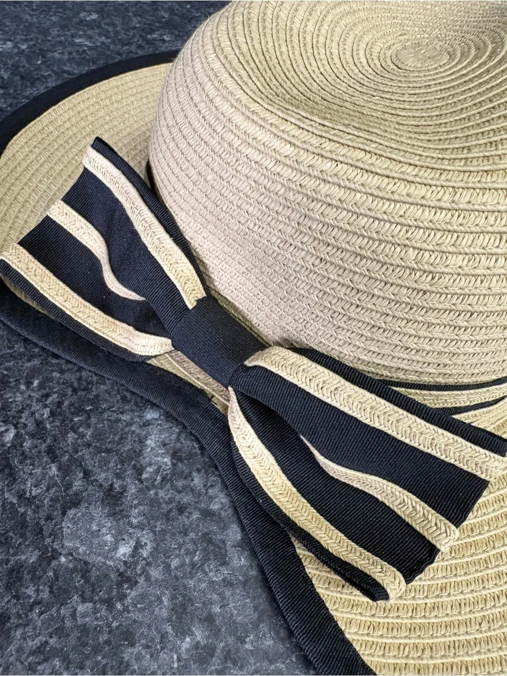 Wide Brim Straw Sun Hat with Black Bow Trim Made in Italy